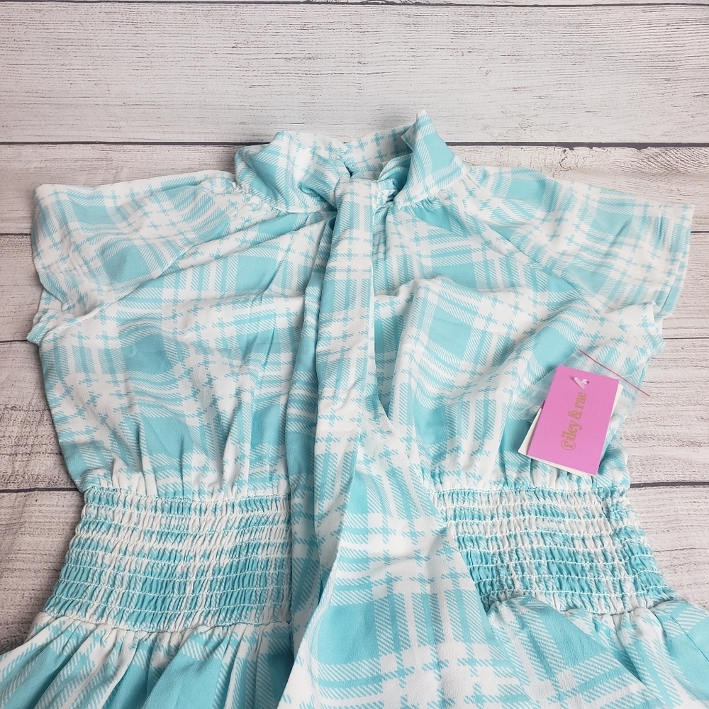Riley & Rae Blue White Peplum Tie-Neck Elastic Waist Blouse‎ Women's XXS
